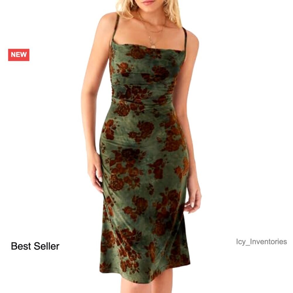 Velvet Midi Dress Elegant Chic Sleeveless Ruched Club Party Wedding Guest - Picture 4 of 6